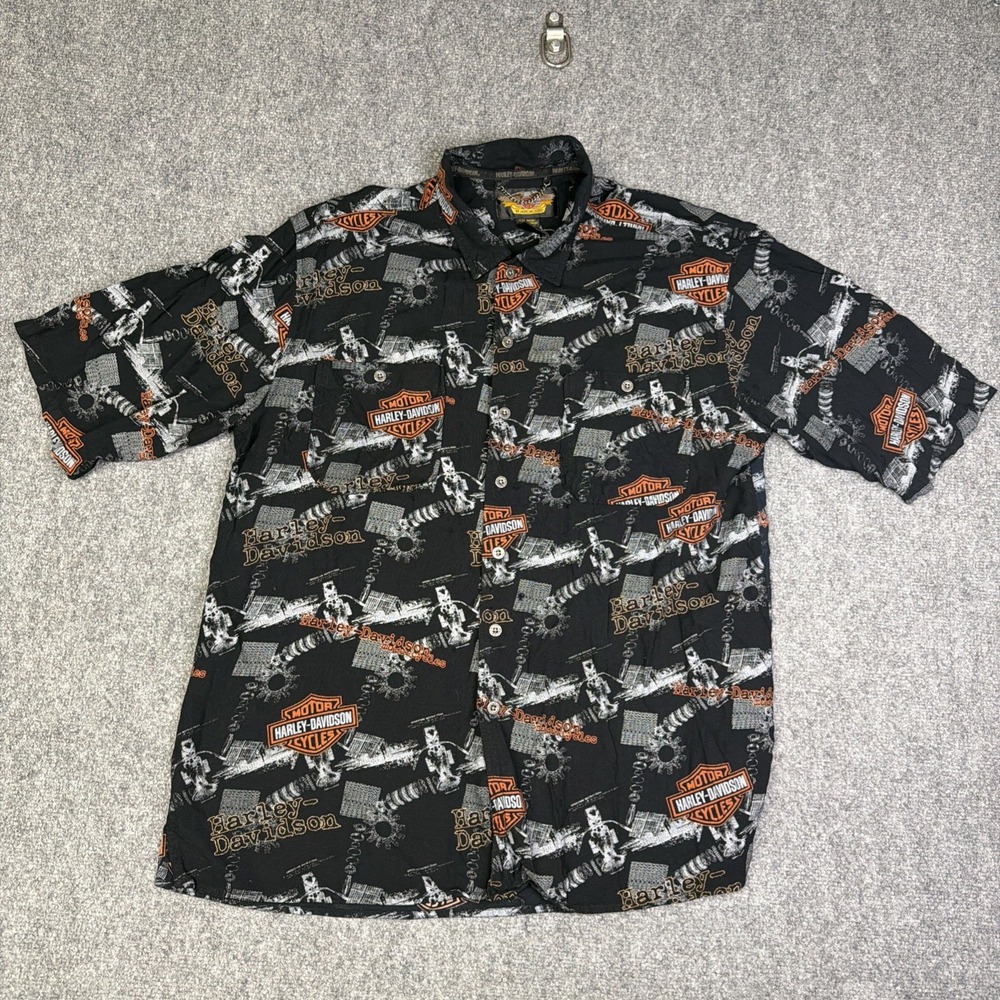 Men's Harley Davidson Logo Engine Parts AOP Button Up Shirt Size XL T XL Tall